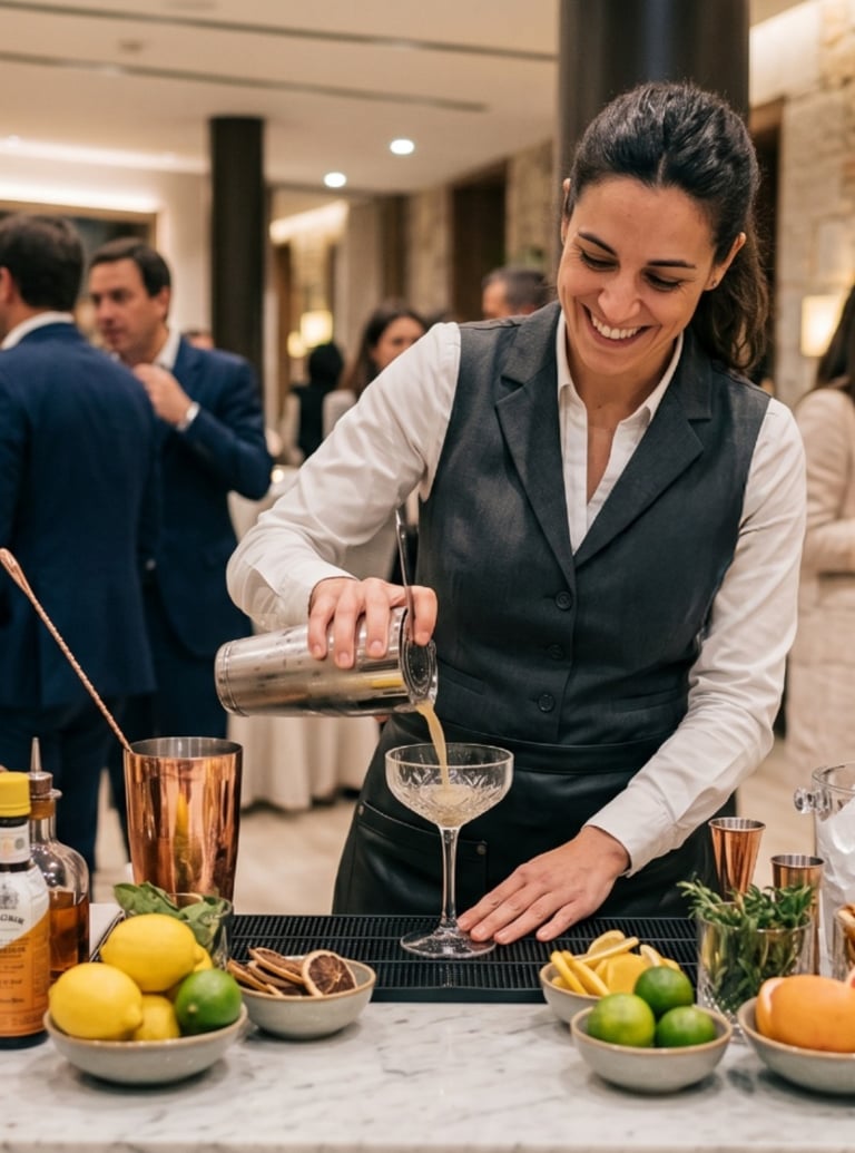 Une barmaid souriante verse un cocktail d'un shaker dans un verre lors d'un événement d'entreprise.