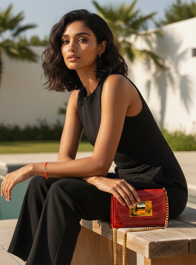 Elegant woman in a black jumpsuit holding a luxury red croc-embossed leather handbag by a sunny pool.
