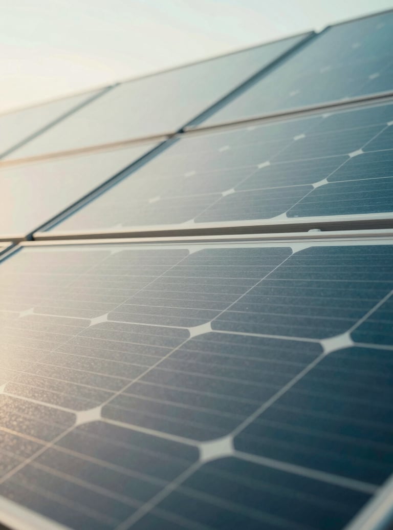 A close-up, artistic shot of a high-tech solar panel surface reflecting a clear morning sky. The composition is geometric and modern, featuring the cool tones of #8EC1BA and #2D6F7C. The lighting is crisp and clean, symbolizing transparency and efficiency.