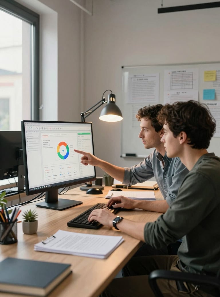 Two office colleagues analyze a colorful data chart on a computer monitor while collaborating at a desk.
