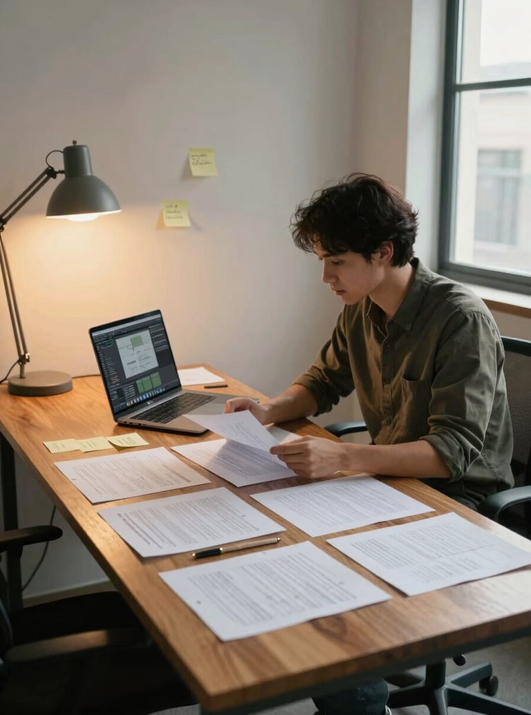Environmental wide shot of an office workspace, a team member seated at a wooden desk reviewing printed content plans spread across the surface, a laptop open mid-edit beside them, warm tungsten lamp casting amber light from the left, window-filtered daylight entering from the right, papers and sticky notes with real handwritten notes visible, calm and focused atmosphere, no eye contact with camera