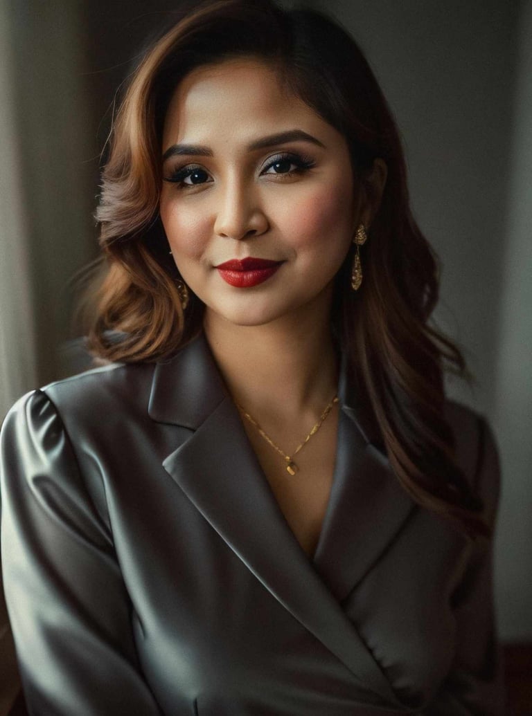 a woman in a suit and red lipstick
