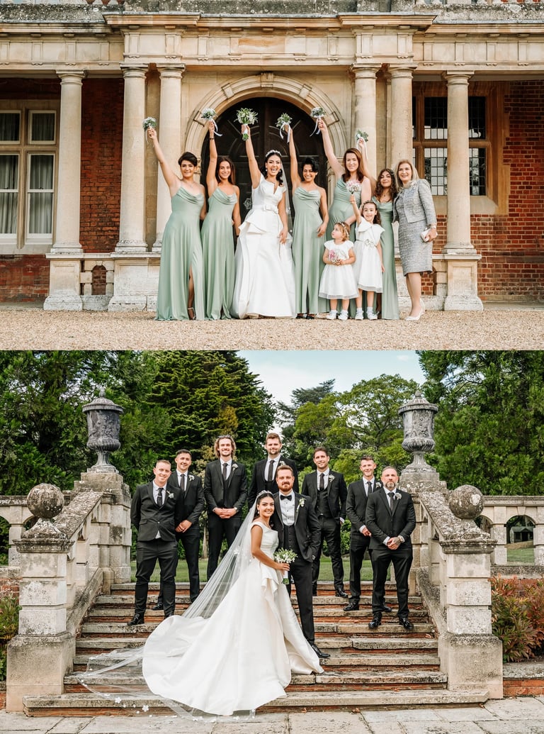 a bride and groomsmid posing for a wedding photo
