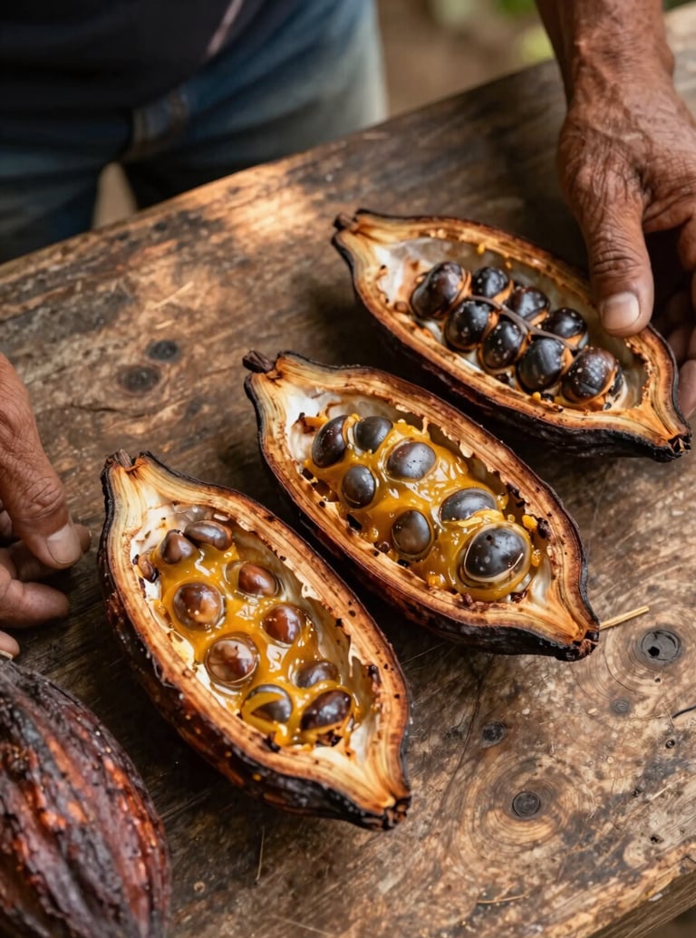 Overhead study of freshly harvested Colombian cacao pods split open on a rough wooden surface, golden pulp and dark seeds visible, warm afternoon light raking across the texture, a farmer's hand rests at the edge of frame — close crop, no faces