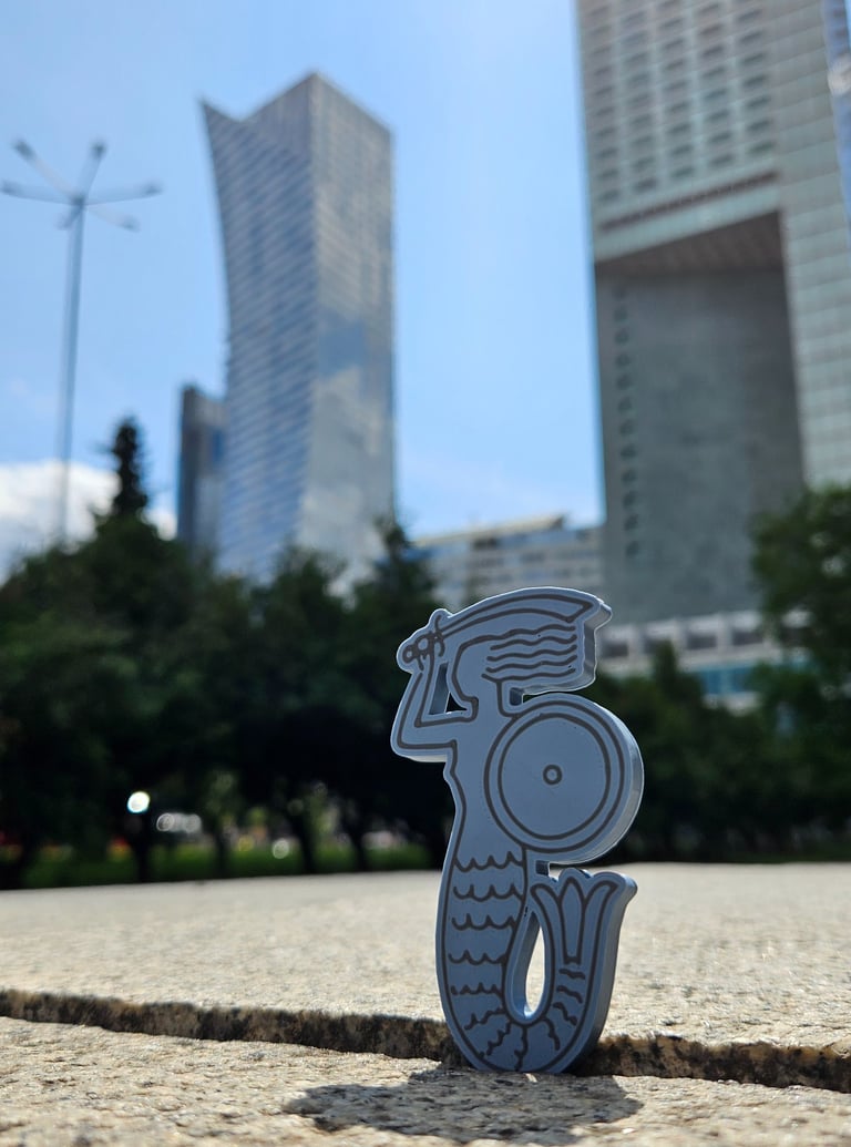 Magnes z syrenką z wieżowcami w centrum Warszawy w tle