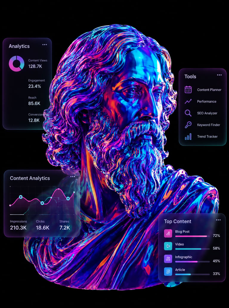 A vibrant holographic Greek statue surrounded by digital marketing analytics and SEO tools.