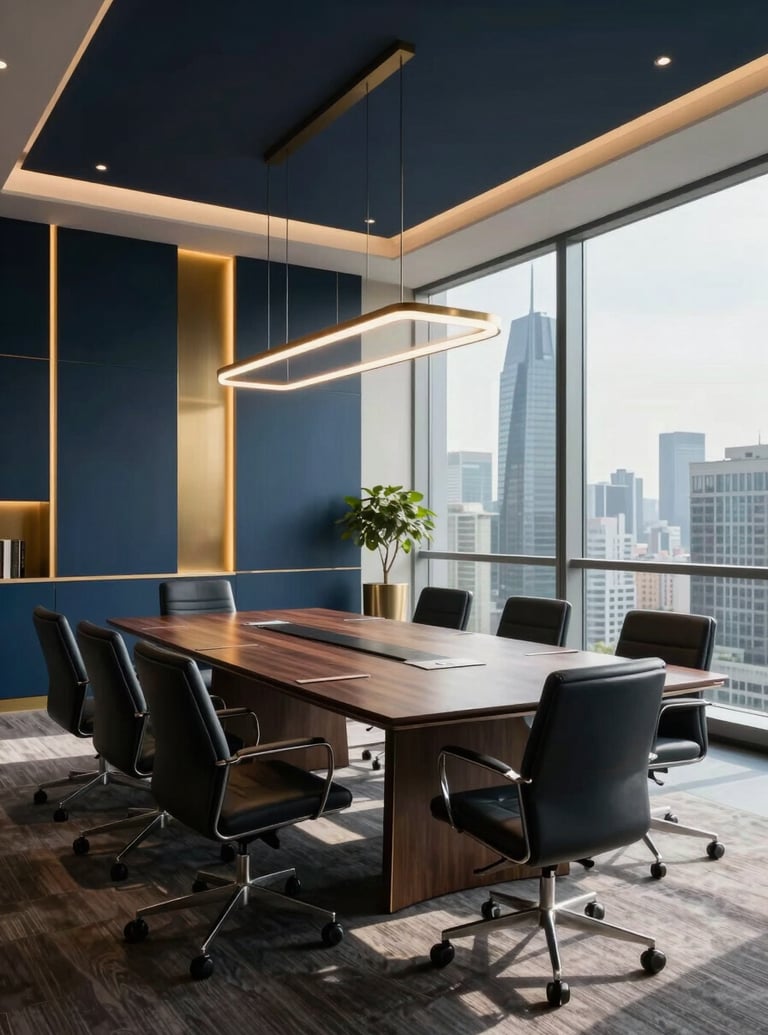 Wide shot of a modern, high-end corporate boardroom in a South American skyscraper. Professional atmosphere with soft morning sunlight. Dark blue and gold accents in the decor. Cinematic lighting, sharp focus, professional photography style.