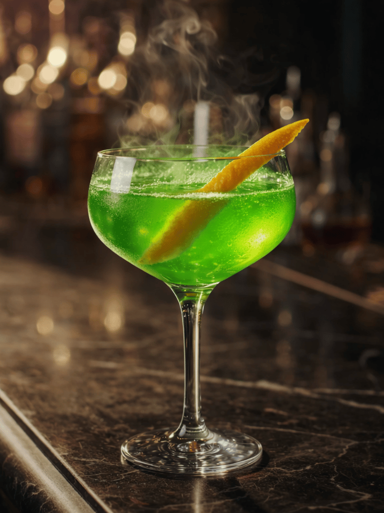 Smoking green cocktail in a coupe glass with an orange peel garnish on a dark marble bar top.