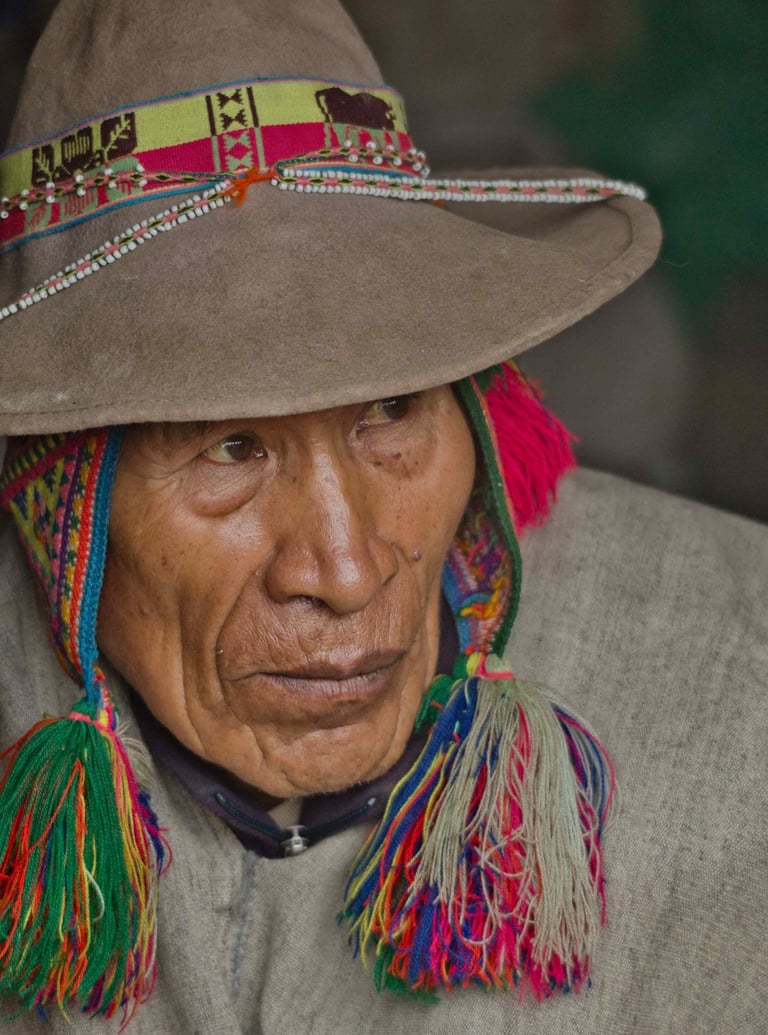 This image shows a close-up portrait of a person from the Andean region wearing traditional clothing.