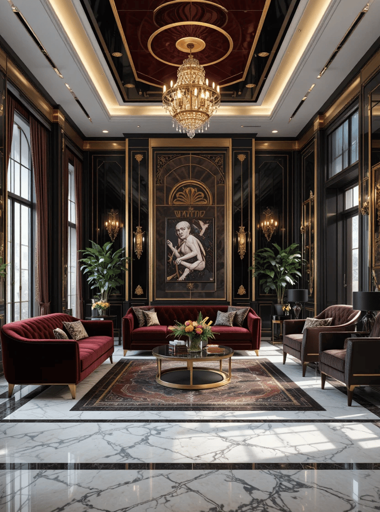 Decoración Art Déco moderno en salón elegante con detalles dorados