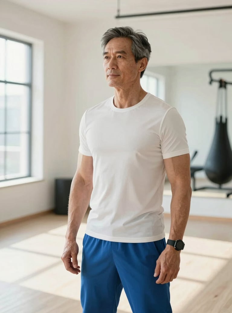 A sophisticated fitness coach in their 50s, looking lean and powerful, standing confidently in a clean, high-end private training studio. The lighting is bright and natural. Color palette includes Crisp Off-White and Steel Blue.