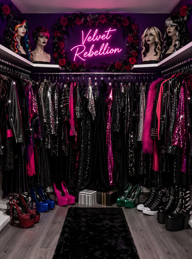 Alternative fashion walk-in closet featuring goth clothing, platform heels, and a neon Velvet Rebellion sign.