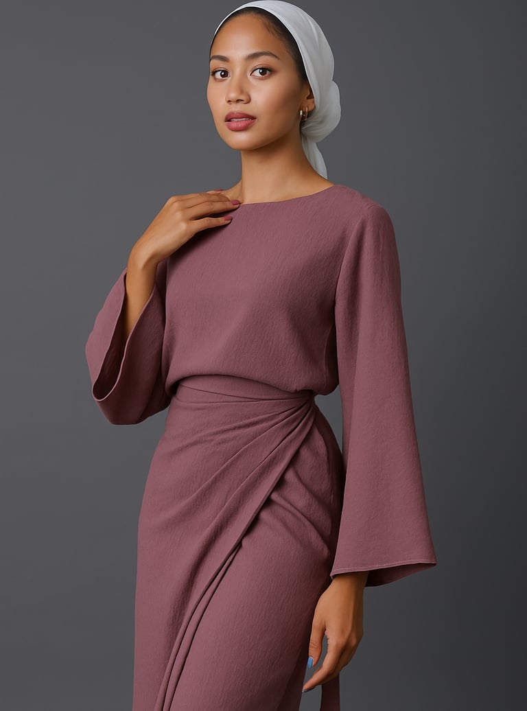 a woman in a pink dress with a white headband