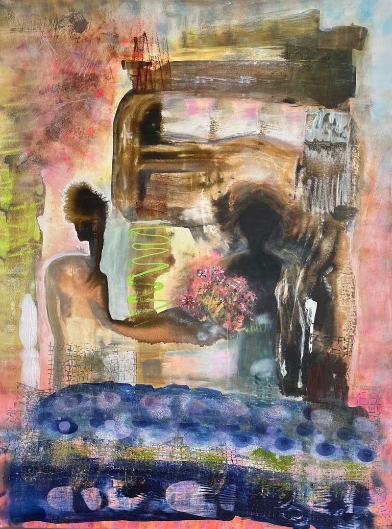 Making Up — abstract acrylic painting with figurative elements and expressive colour contrasts