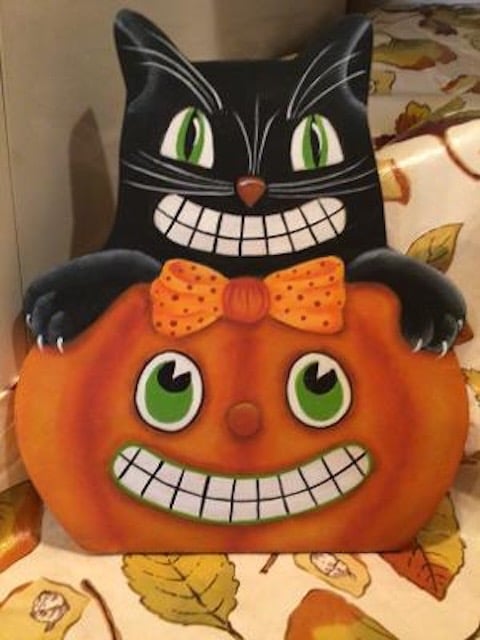 Karen Schaffert's original design called, "Spooky Cat & Jack", acrylics, black cat, pumpkin