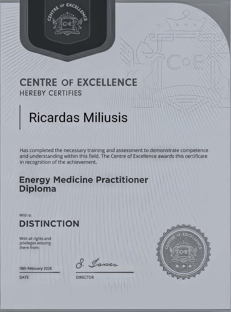 Energy Medicine Practitioner Diploma with distinction awarded to Ricardas Miliusis