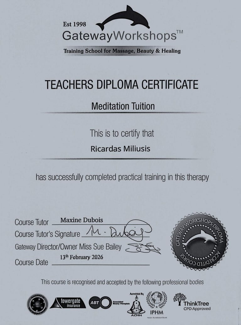 Teachers Diploma Certificate in Meditation Tuition awarded to Ricardas Miliusis