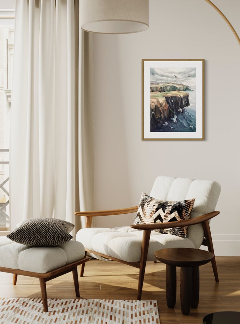 Original watercolor painting by Angela Moiseieva in a modern living room.