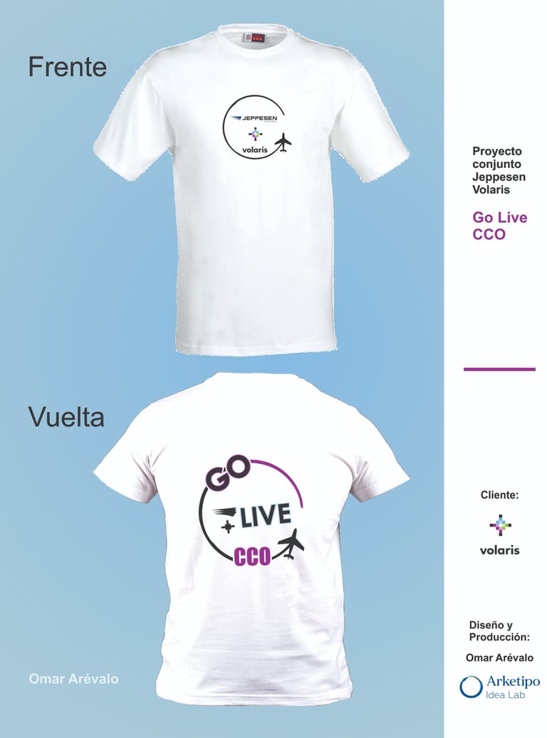 Diseño e impresión de camisetas para lanzamiento de proyecto Go Live CCO alianza Volaris/Jeppesen