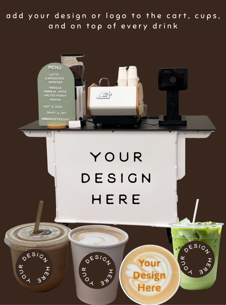 a coffee cart that is showing all of the different places you can put your logo for custom branding