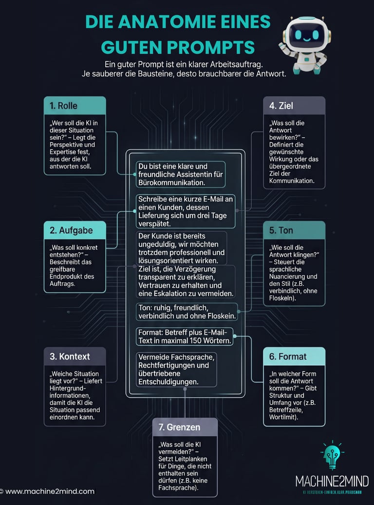 Infografik: Die 7 Bausteine eines guten Prompts Rolle, Aufgabe, Kontext, Ziel, Ton, Format & Grenze