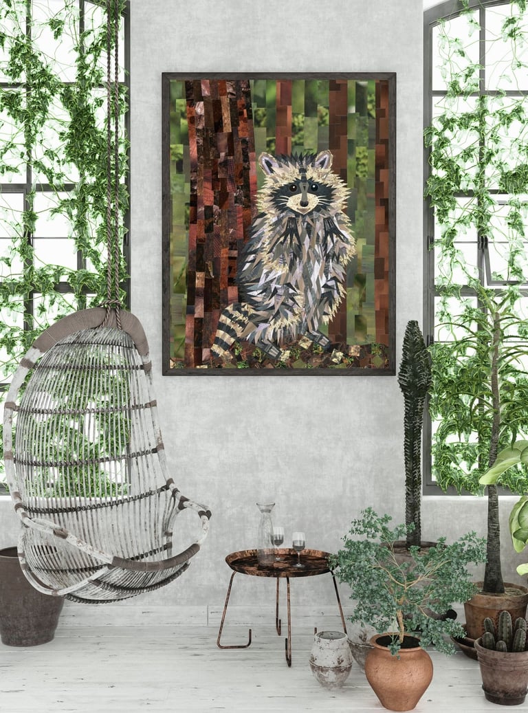 Modern living room featuring a mosaic raccoon art piece, hanging egg chair, and lush indoor plants.