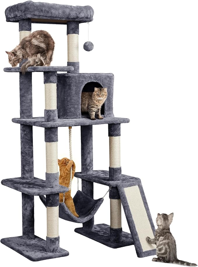 Multi-level cat tree with hammock, scratching posts, condo, and dangling ball toy