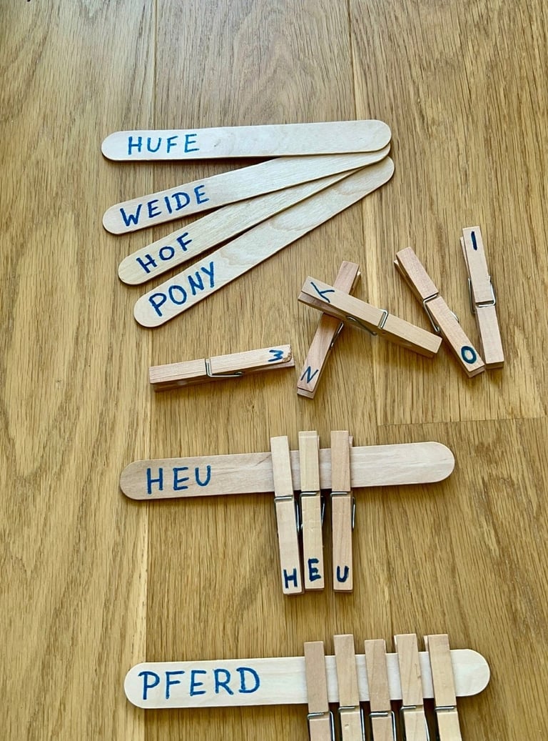 Educational word spelling game using wooden sticks and clothespins with German horse vocabulary.