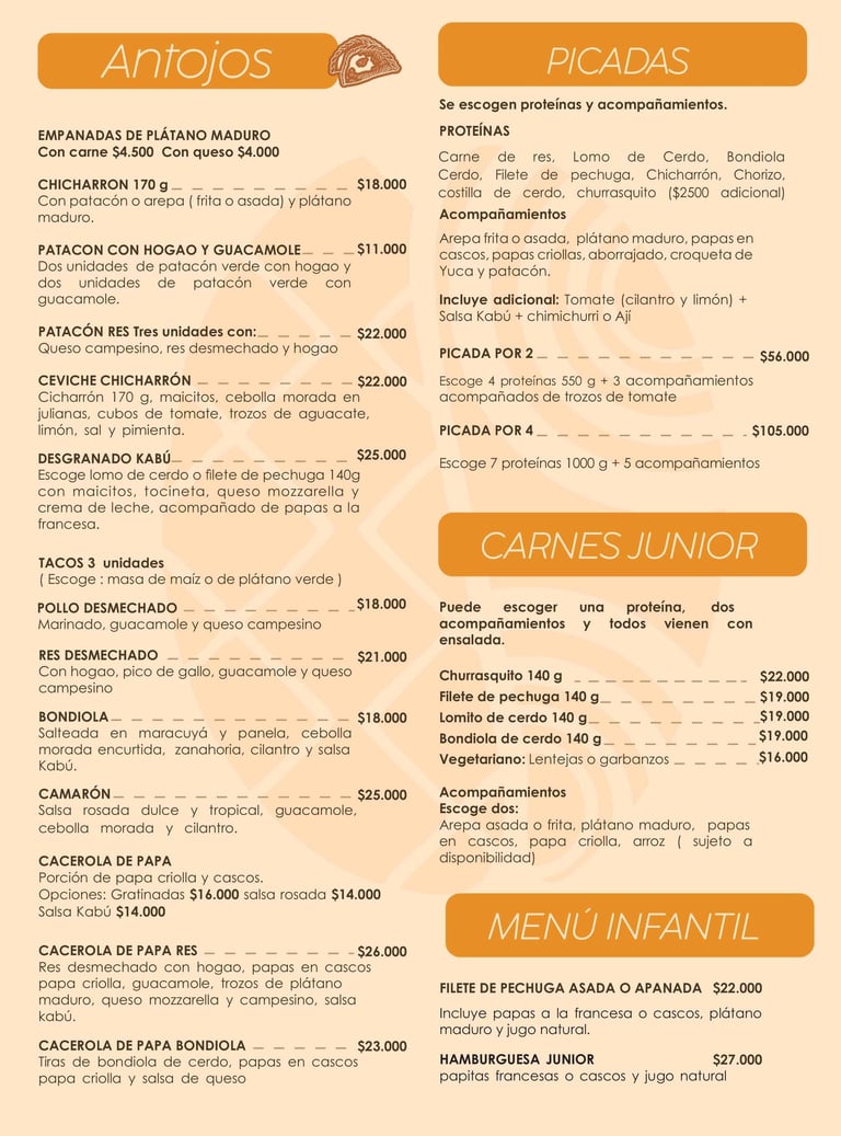 Antojos y picadas Menú Kabú Café Restaurante