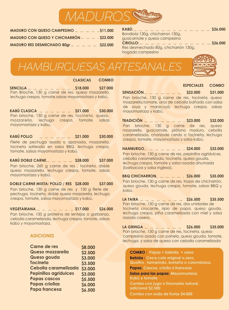 hamburguesas artesanales Menú Kabú Café Restaurante