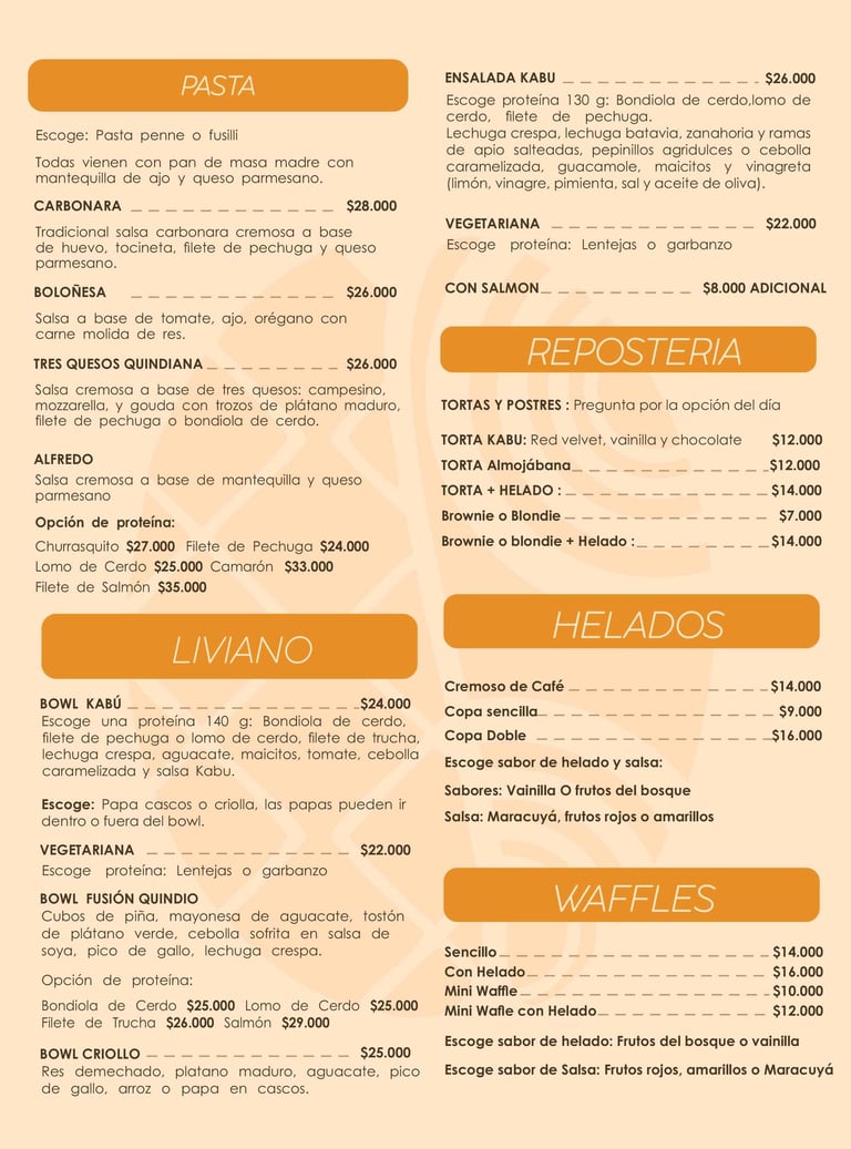 Pasta y resposteria Menú Kabú Café Restaurante