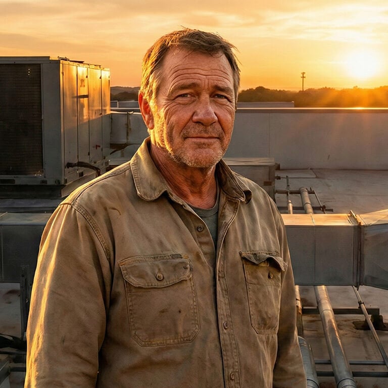An HVAC business owner standing on a rooftop at sunset, symbolizing a successful business exit and retirement.