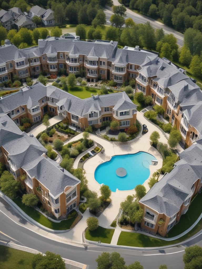A modern apartment complex with multiple buildings. The buildings have contemporary architectural designs and are painted in various colors, including white, beige, and red brick. Several balconies and large windows are visible on each building. The courtyard area contains green plants, small trees, and a pathway. There's also a structure at the bottom right corner that might be a storage or utility shed.