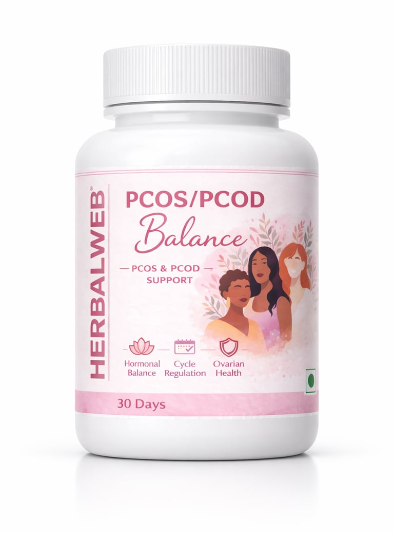 Herbalweb PCOS and PCOD Balance supplement bottle for hormonal balance and cycle regulation.
