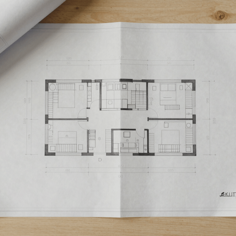 Overhead flat-lay of technical architectural blueprints on a clean wooden table, soft natural daylight, warm greige tones, minimal composition