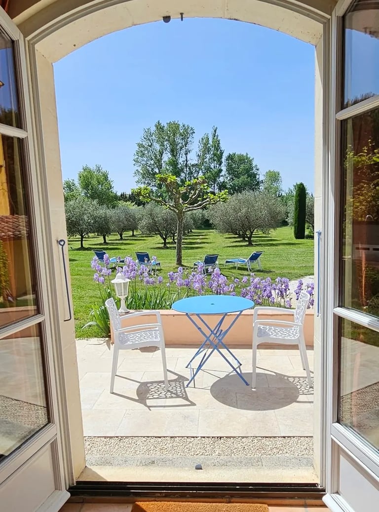 Fenêtre du salon donnant sur le jardin avec vue sur les oliviers