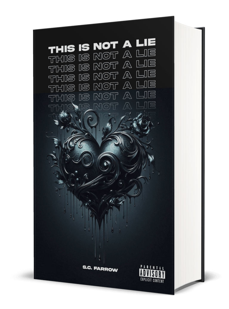 A black book cover featuring a black romantic heart entwined in roses and decorative flourishes