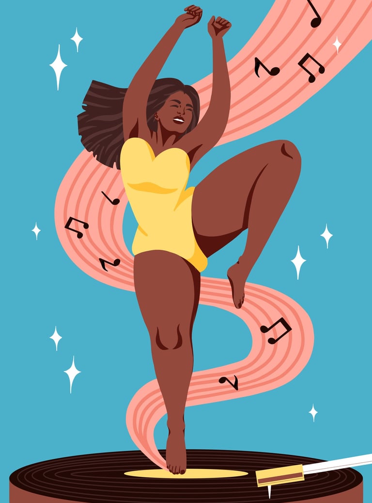 a black woman in a yellow suit is dancing on a vinyl record, music in the background