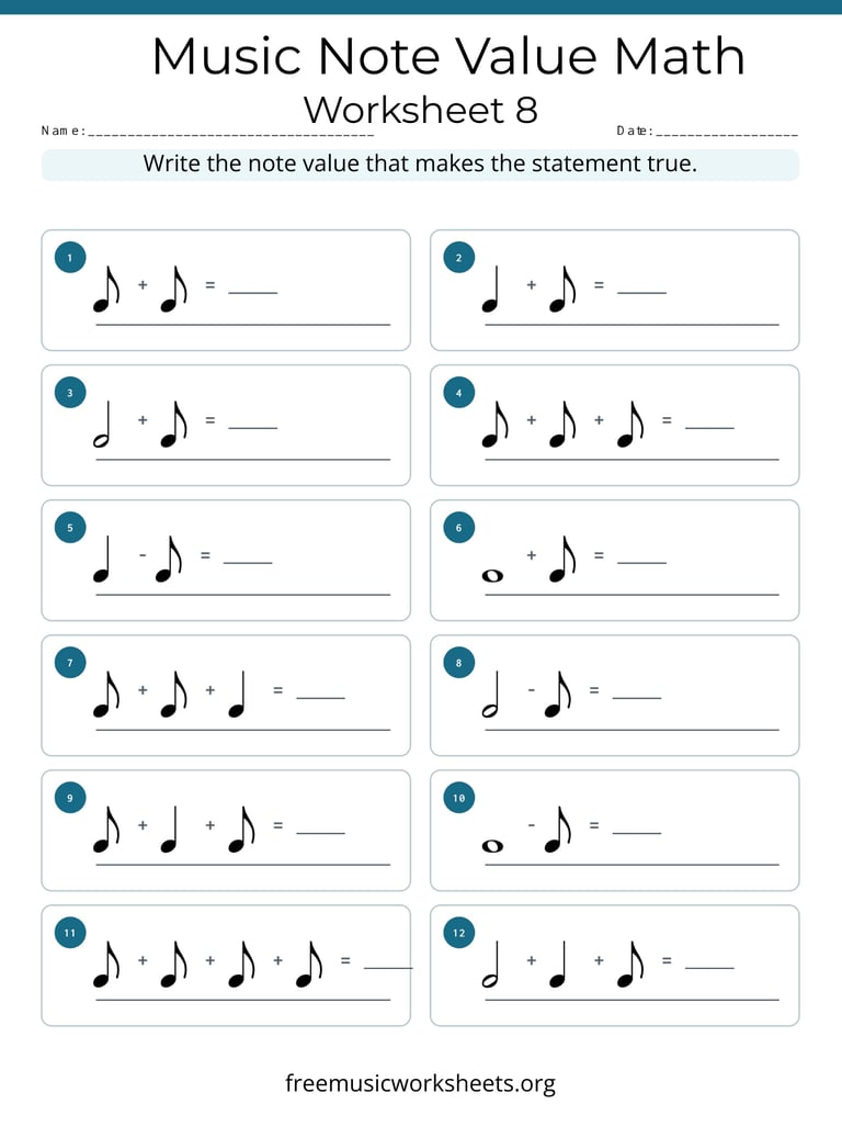 Music Note Value Math Worksheet 8