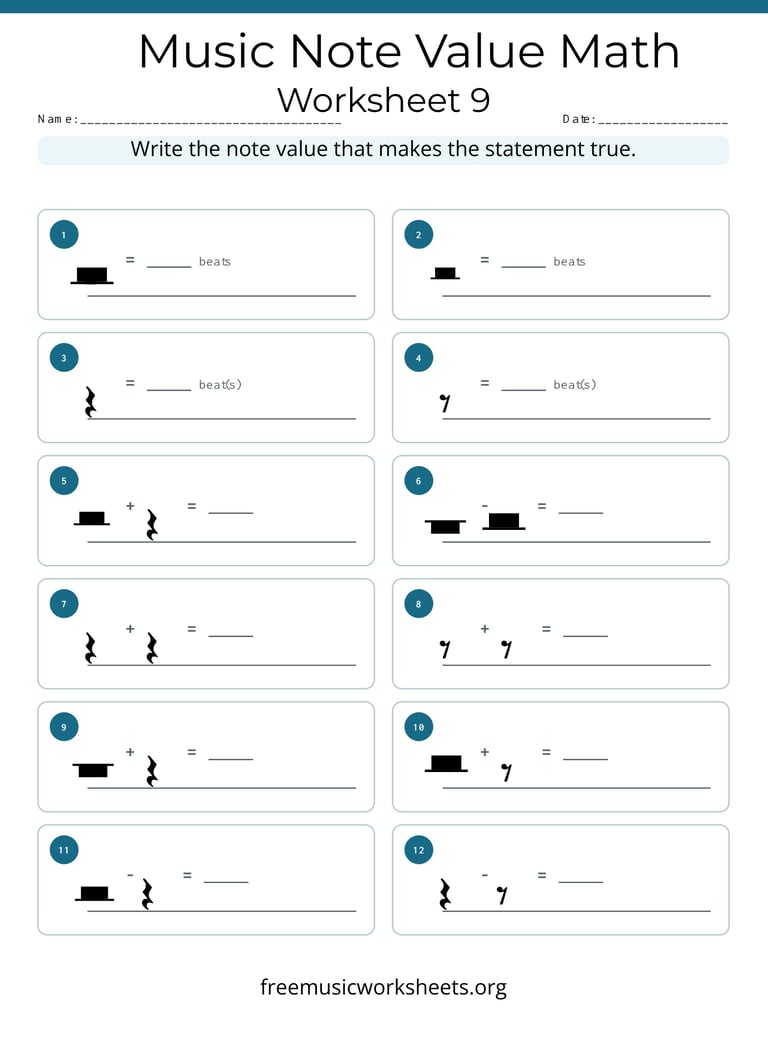 Music Note Value Math Worksheet 9 