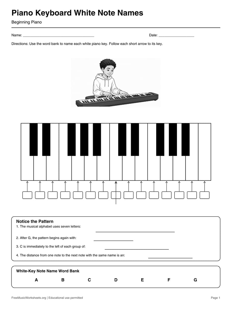 Piano White Note Names Worksheet