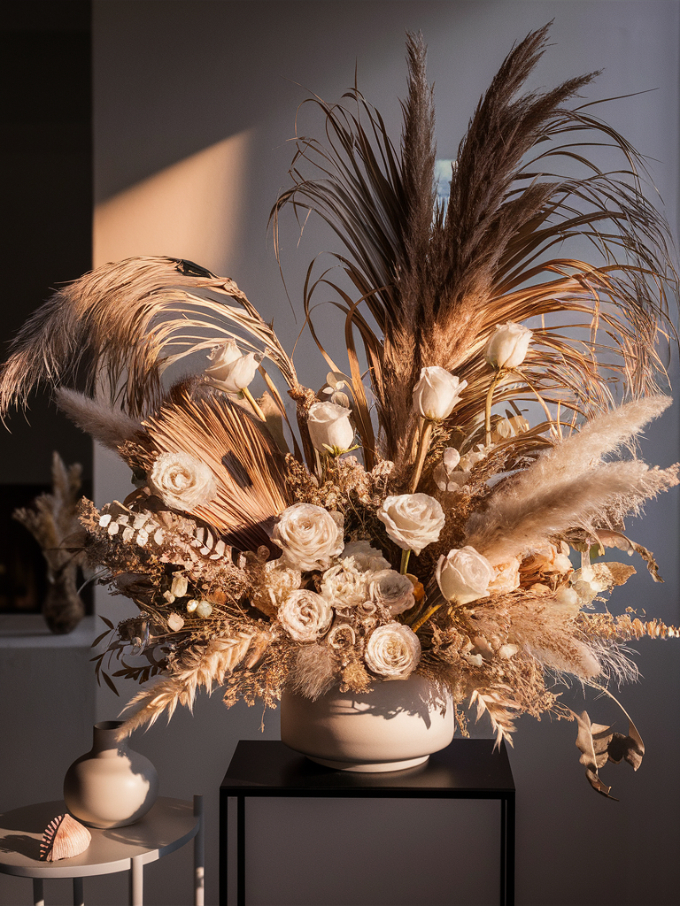 grand bouquet feuilles palmes et pampas
