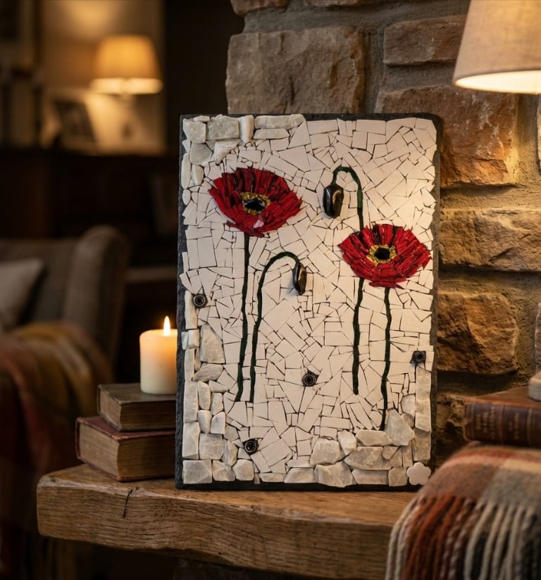 Mosaïque Terre et Temps : coquelicots rouges sur fond clair, collection apaisement de l'atelier MoZ