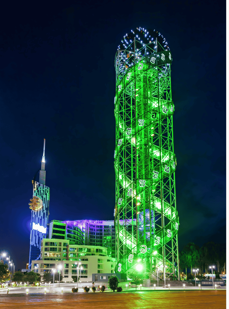 The illuminated Alphabet Tower in the Georgian city of Batumi.