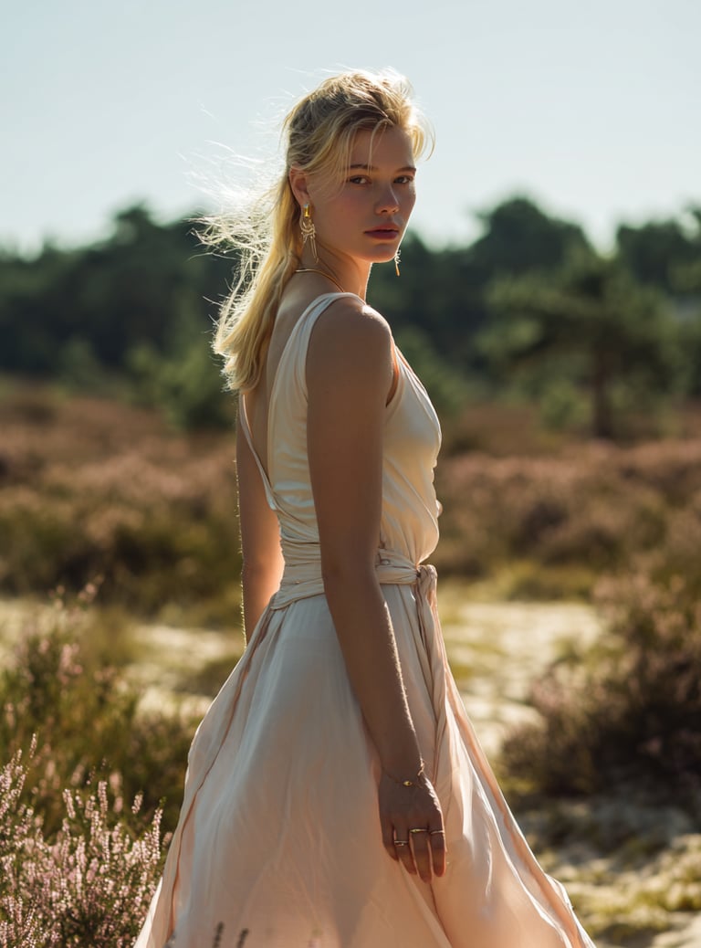 Luxuriöse Schmuckkollektion von HeideSchmuck, präsentiert von Model in der Lüneburger Heide