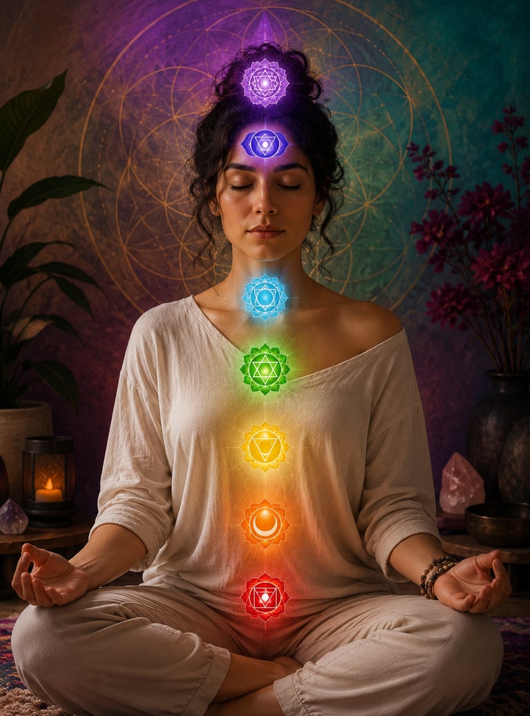 woman meditating with chakras lit up