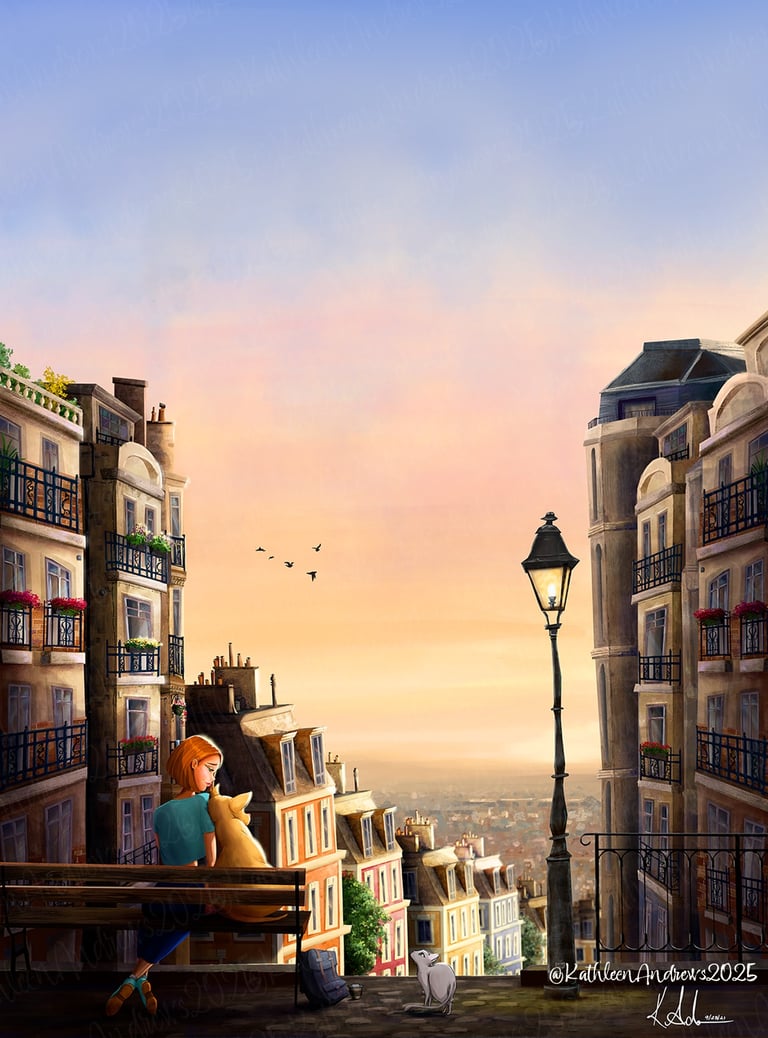 Illustration girl and dog pitbull watching sunrise parisian street paris artwork art whimsical