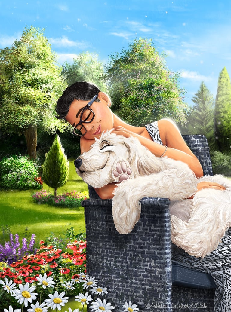 Whimsical illustration woman hugging fluffy white dog vibrant flower garden artwork art children's book illustrator