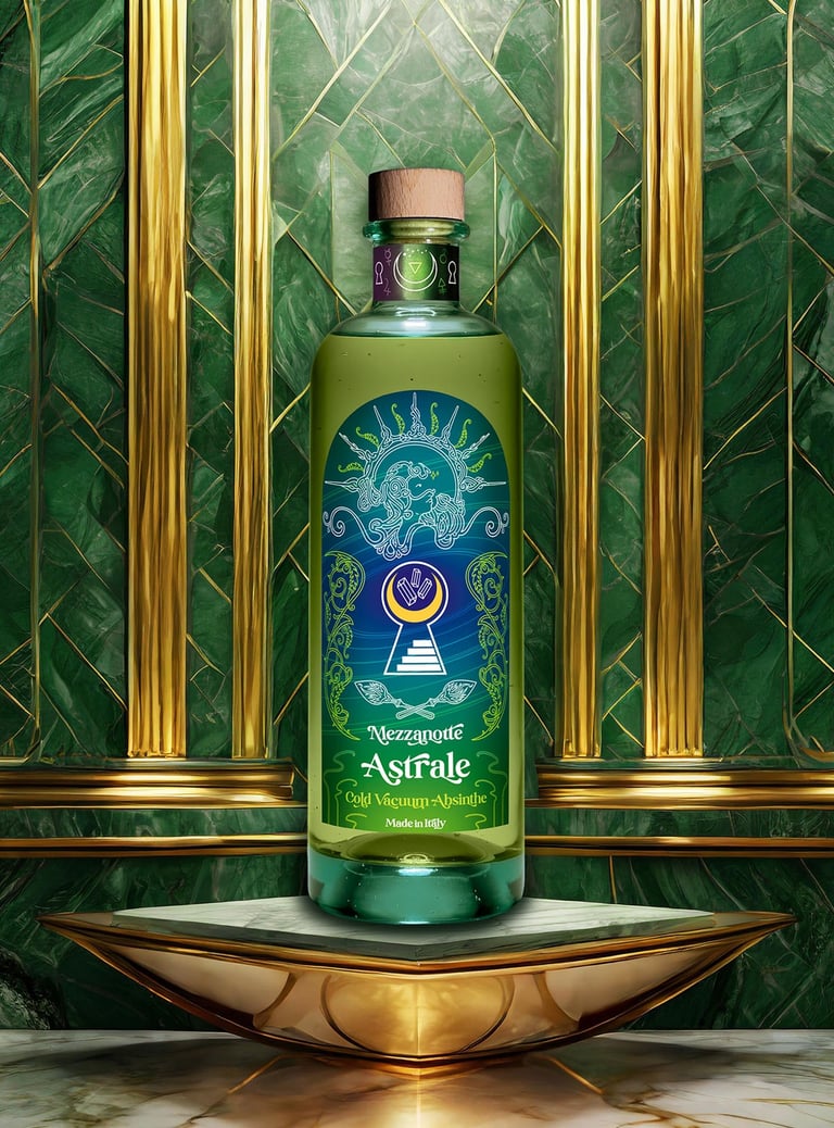 una bottiglia di assenzio Astrale su un elegante podio di marmo verde su sfondo di marmo verde e oro