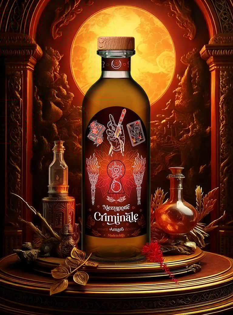 bottiglia di amaro Criminale con pozioni e foglie dorate sullo sfondo motivi orientali e la luna